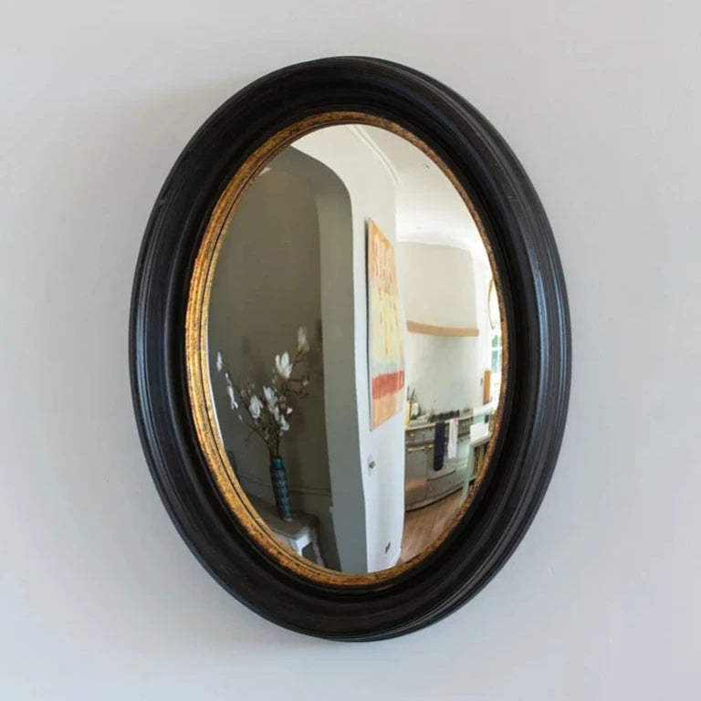 Antique Black & Gold Oval Convex Mirror - S20653 - Uneeka