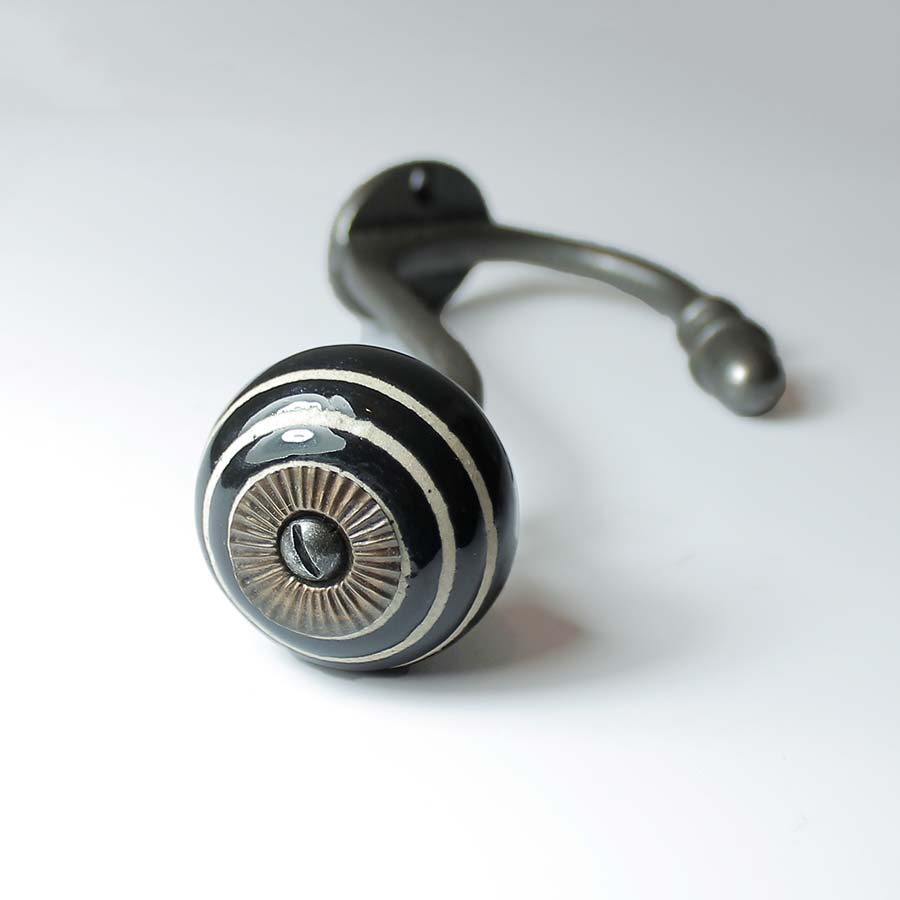 Antique Iron Albany Black and White Ceramic Tip Coat Hook - E136.WU - Uneeka
