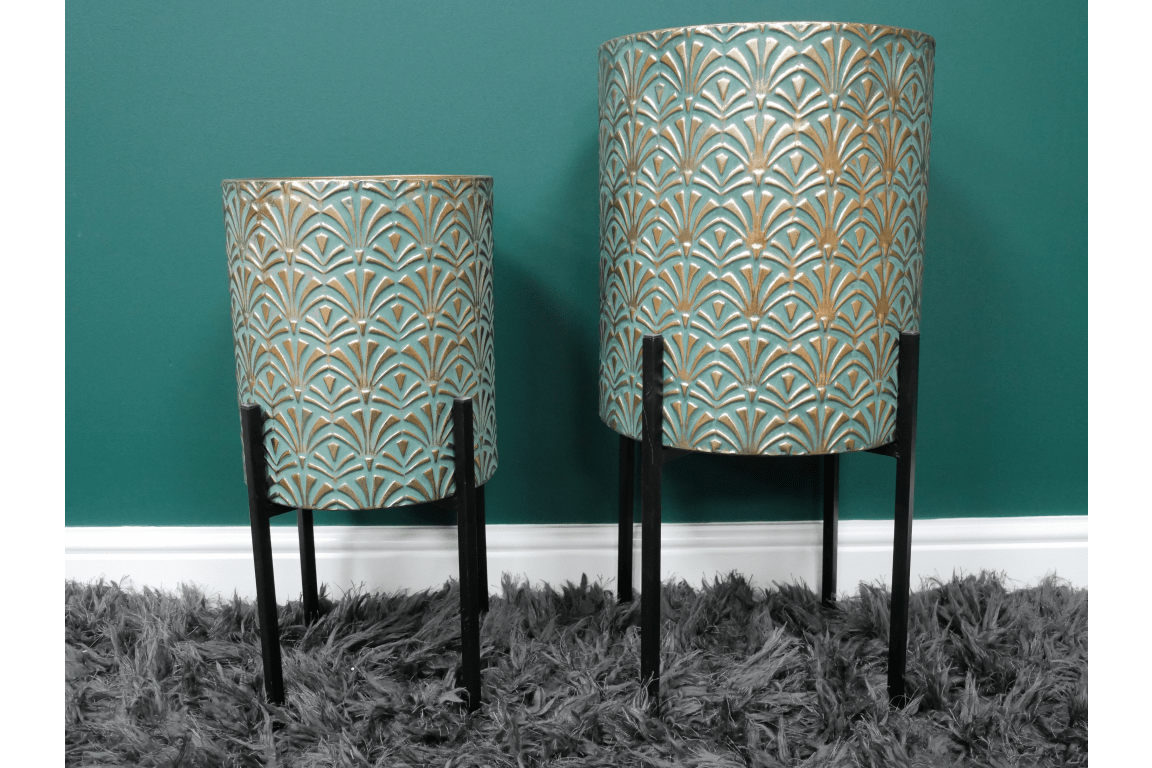blue and gold plant pot Art Deco Blue and Gold Metal Planters
