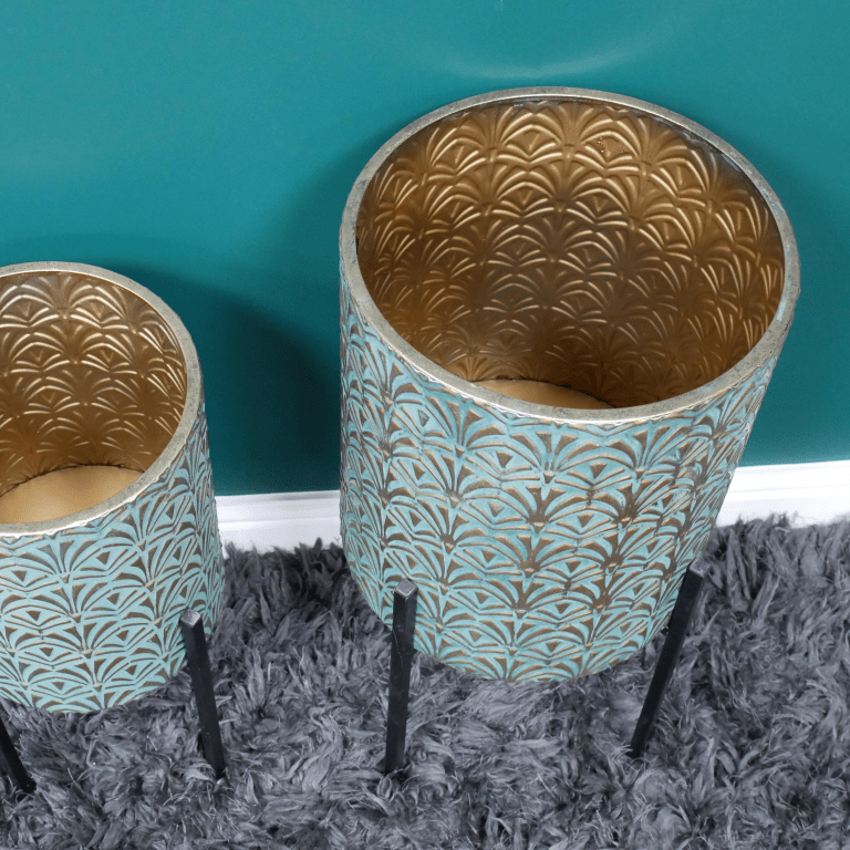 art deco planter pots Art Deco Blue and Gold Metal Planters