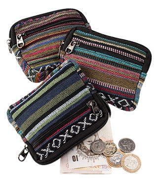 Assorted Colour Double Zip Nepali Stripe Purse - P502 - Uneeka