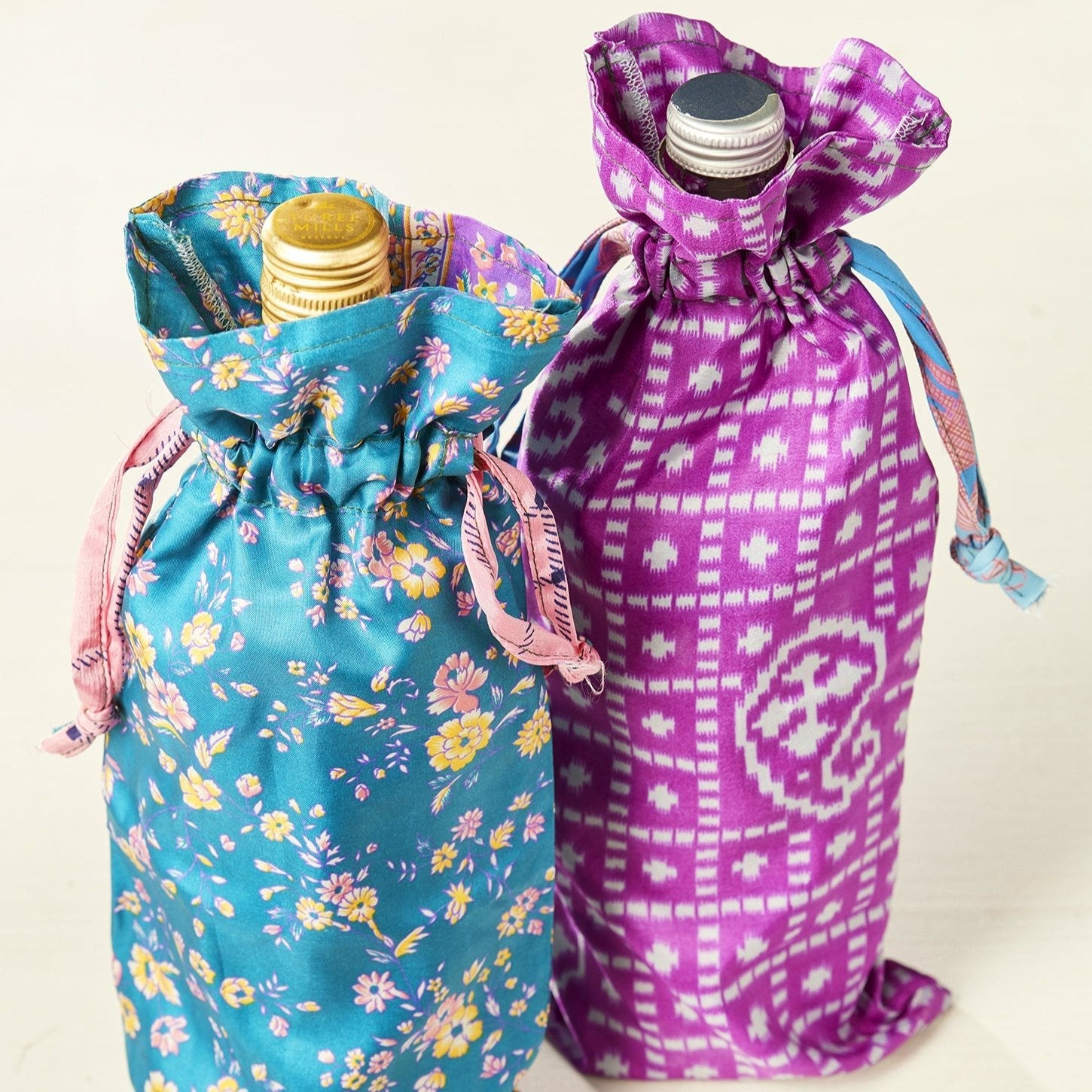 Assorted Colour Recycled Sari Bottle Gift Bag - BOB2 - Uneeka