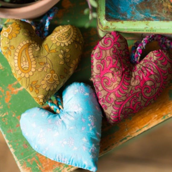 Assorted Colour Recycled Sari Hanging Heart - HDEC121 - Uneeka