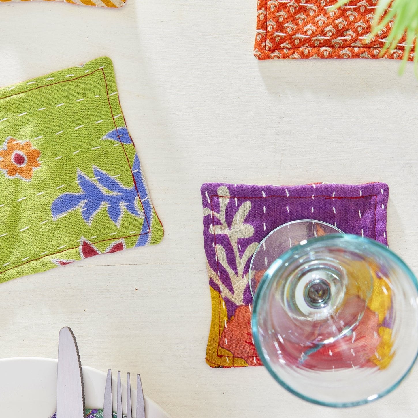 Assorted Colour Set of 4 Recycled Sari Coasters - CO3 - Uneeka