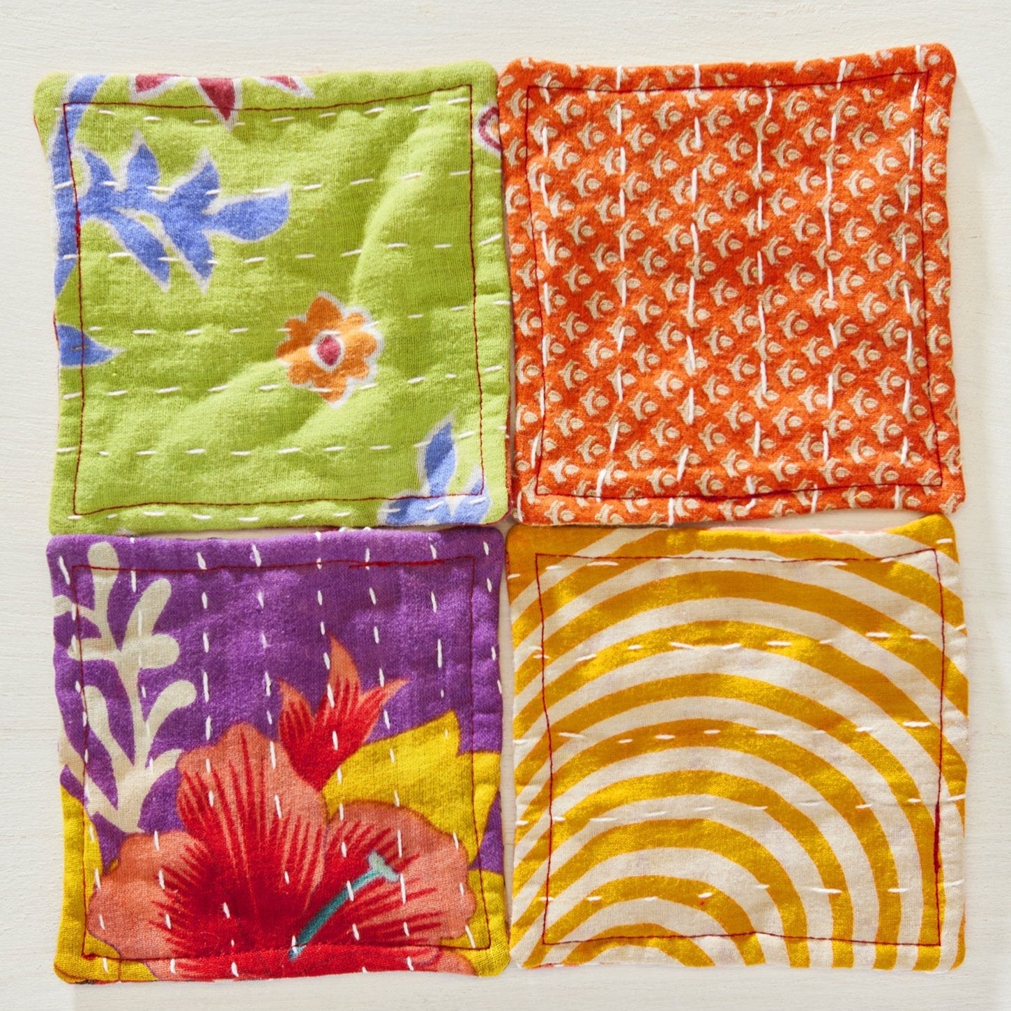 Assorted Colour Set of 4 Recycled Sari Coasters - CO3 - Uneeka