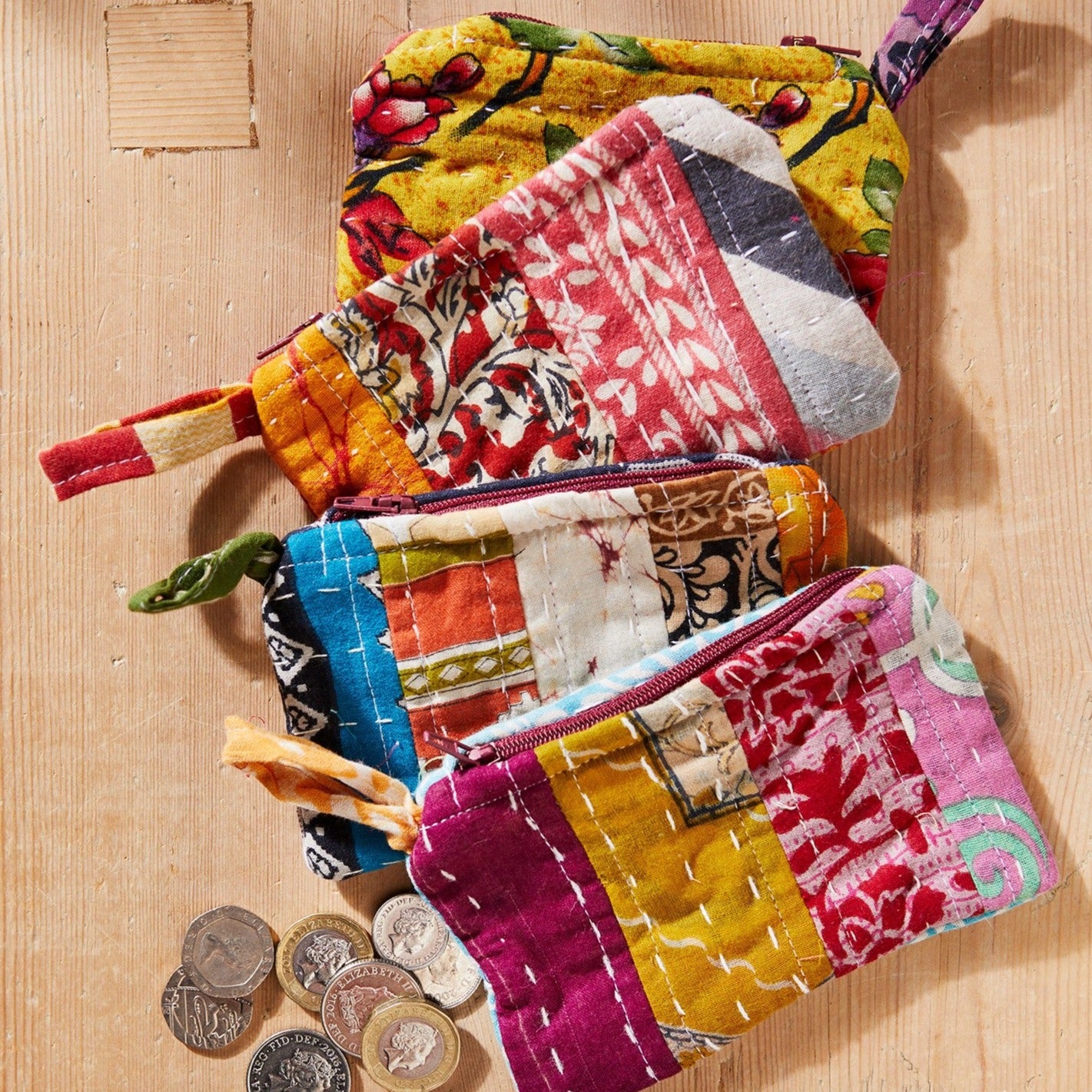 Assorted Colour Vintage Kantha Coin Pouch - P406 - Uneeka