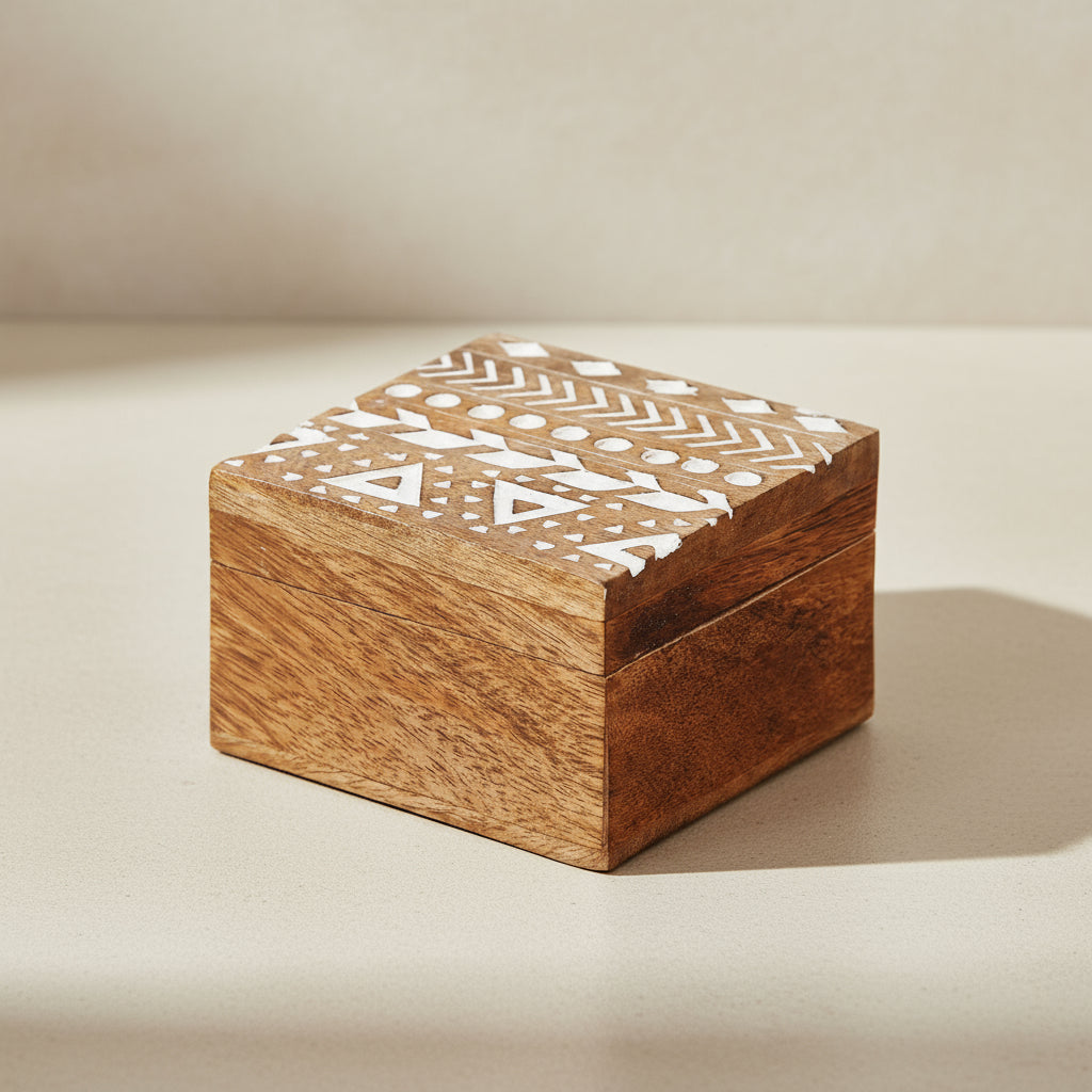 Aztec Design Carved Mango Wood Trinket Box - BX202 - Uneeka