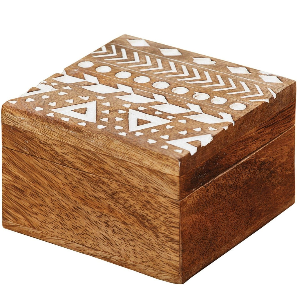 Aztec Design Carved Mango Wood Trinket Box - BX202 - Uneeka