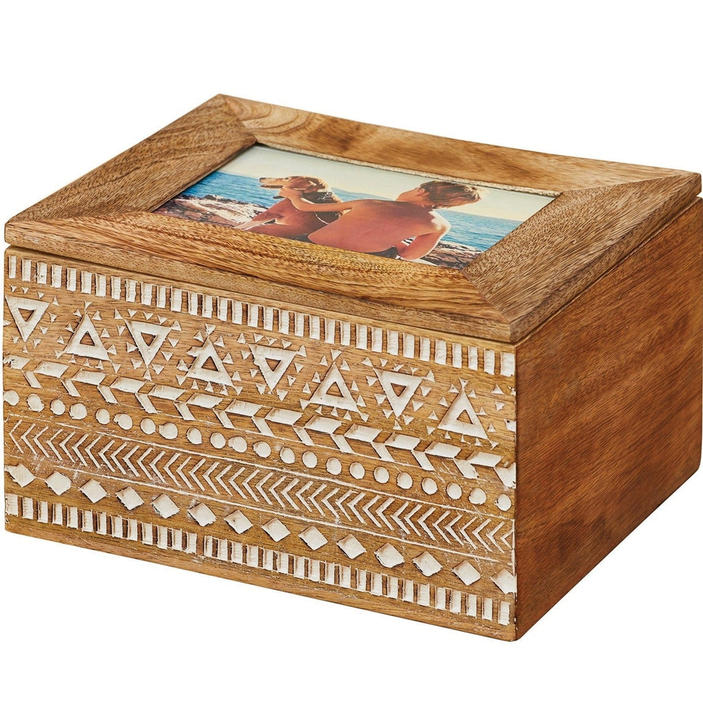 Aztec Design Carved Photo Frame Lid Memory Box - MB200 - Uneeka