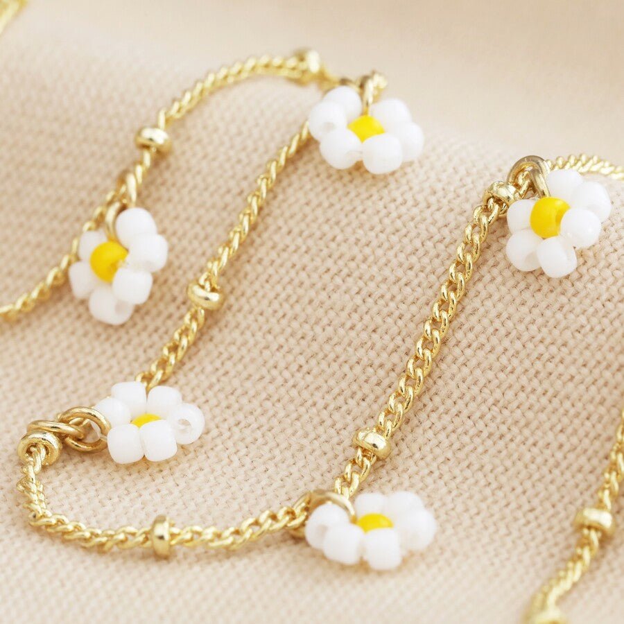 Beaded White Daisy Gold Satellite Chain Necklace - 60430 - Uneeka