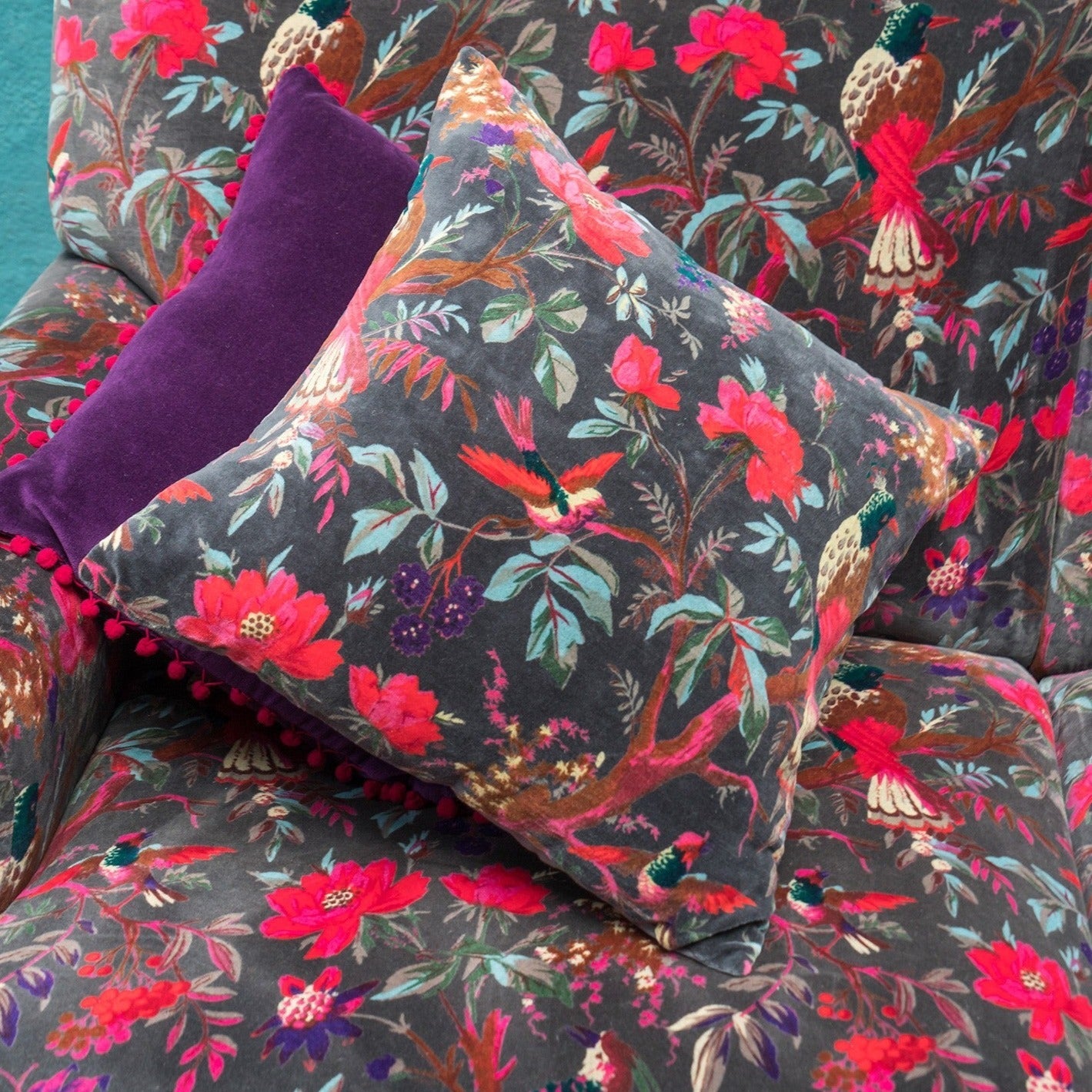 Birds of Paradise Cotton Velvet Cushion - CC312SGY - Uneeka