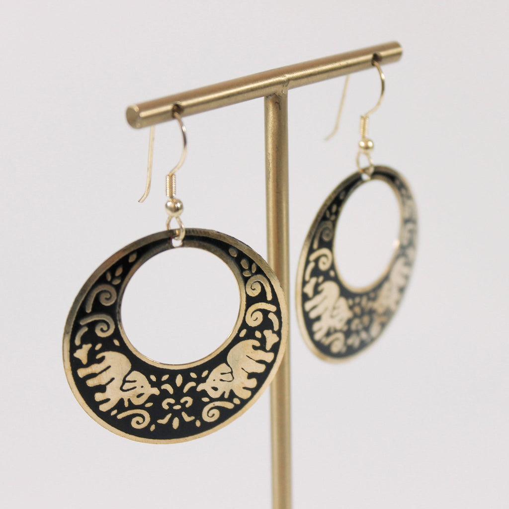 Black & Gold Elephant Circle Earrings - TAR7880 - Uneeka