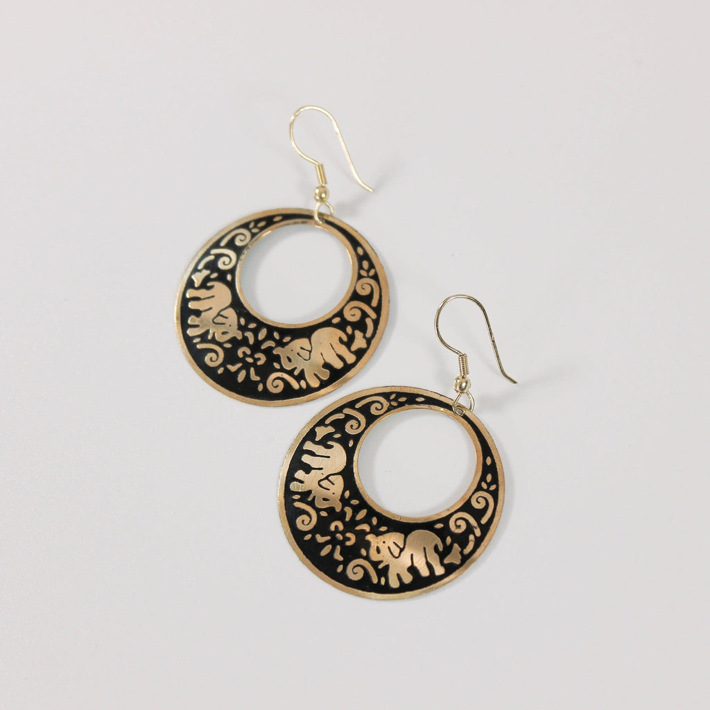 Black & Gold Elephant Circle Earrings - TAR7880 - Uneeka