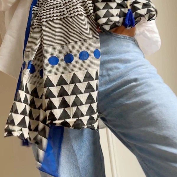 Black, White & Blue Block Print Geometric Scarf - VZS - 19001007 - Uneeka