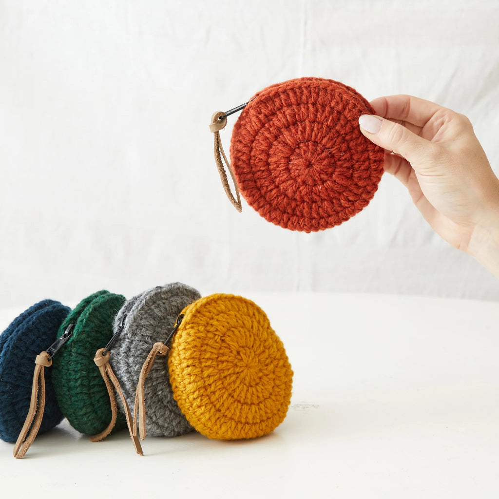 Block Colour Hand Crocheted Wool Round Coin Purse - 223YEL - Uneeka