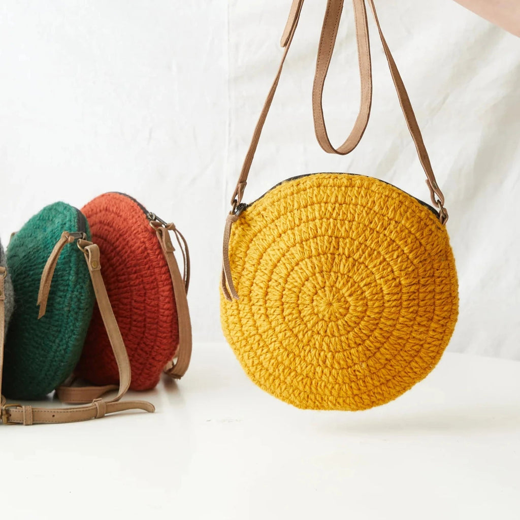 Block Colour Hand Crocheted Wool Round Handbag - 213YEL - Uneeka