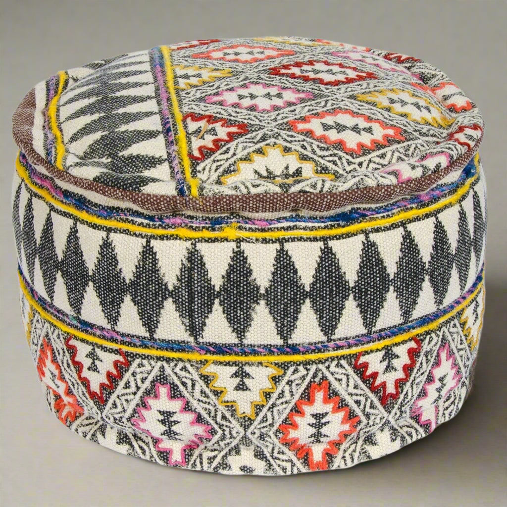 Block Print Diamond Embroidered Cotton Pouffe - PO715 - Uneeka