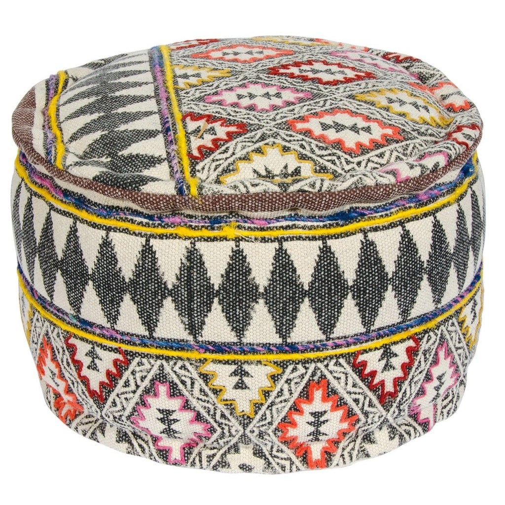 Block Print Diamond Embroidered Cotton Pouffe - PO715 - Uneeka