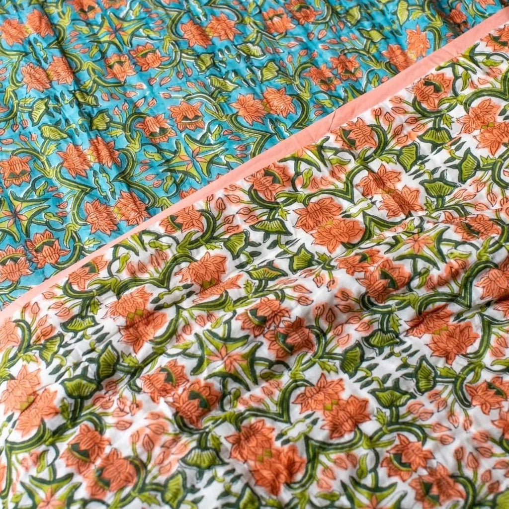 Block Printed Indian Double Quilt in Orange & Blue - GAT 46 - Uneeka