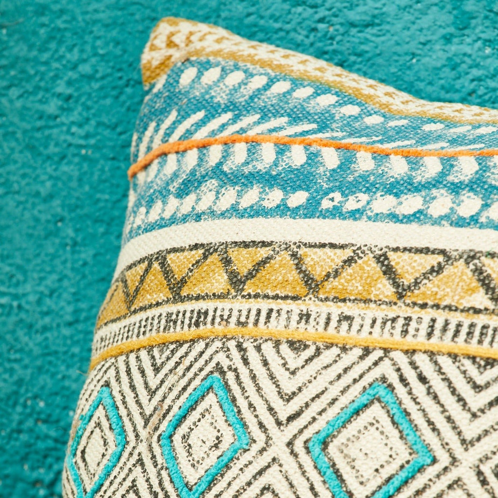 Blue Blockprint Embroidered Square Cushion - CC97 - Uneeka