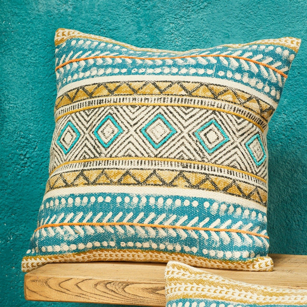 Blue Blockprint Embroidered Square Cushion - CC97 - Uneeka