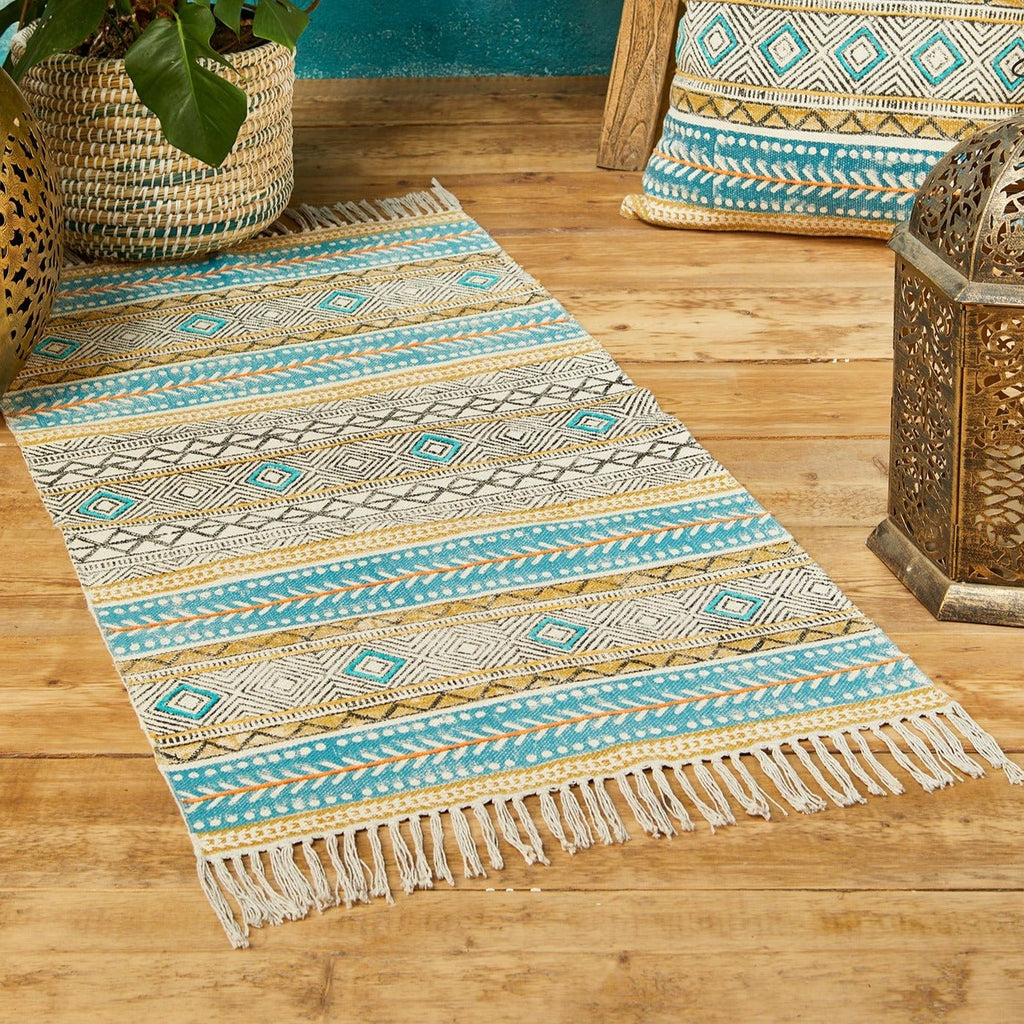 Blue Blockprint Embroidery Rug - R9724 - Uneeka