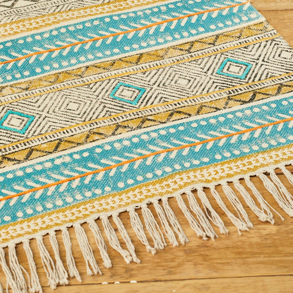 Blue Blockprint Embroidery Rug - R9746 - Uneeka