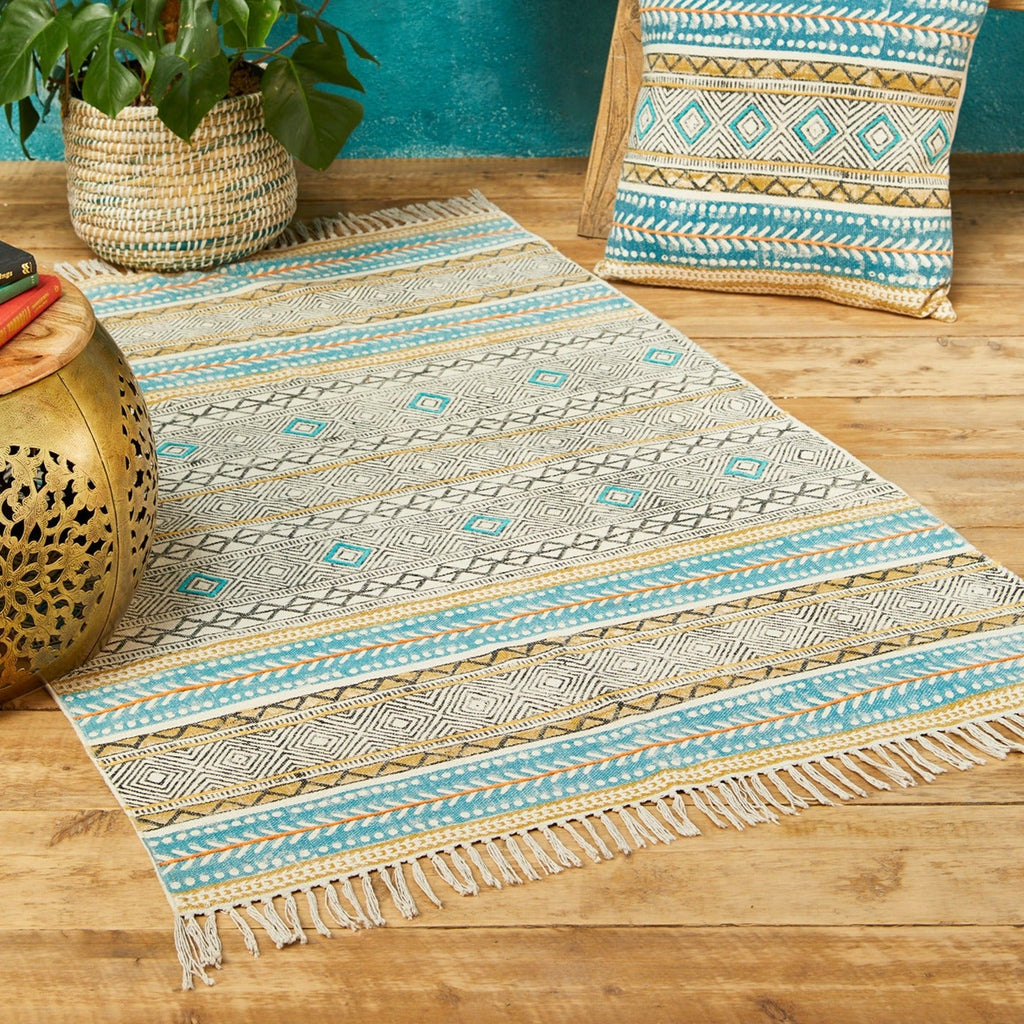 Blue Blockprint Embroidery Rug - R9746 - Uneeka