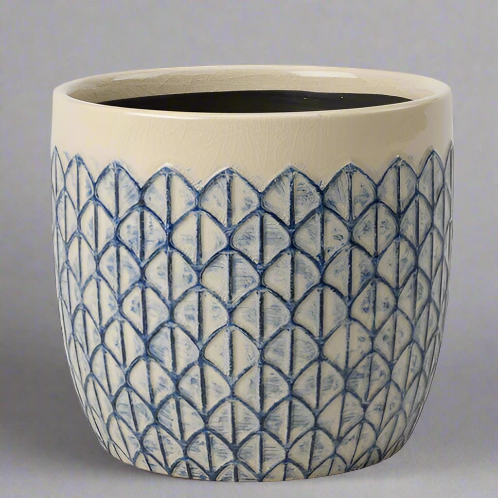 Blue & Cream Geometric Plant Pots - GCC/GEOCRM13 - Uneeka
