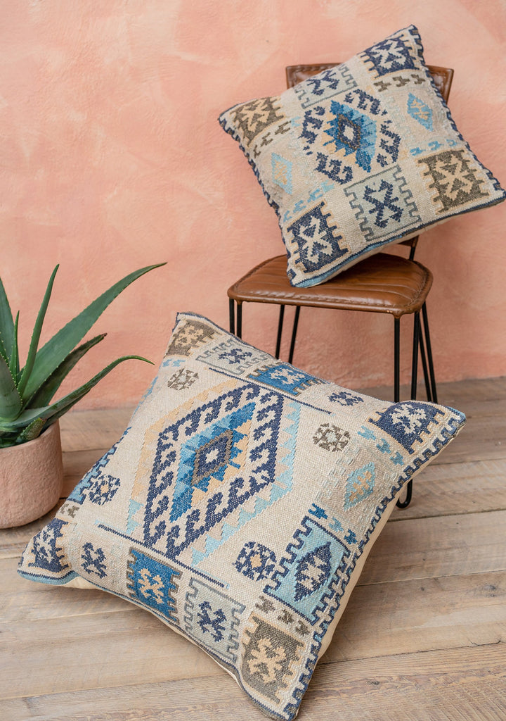 Blue Geometric Handloom Kilim Cushion - CCXL532 - Uneeka