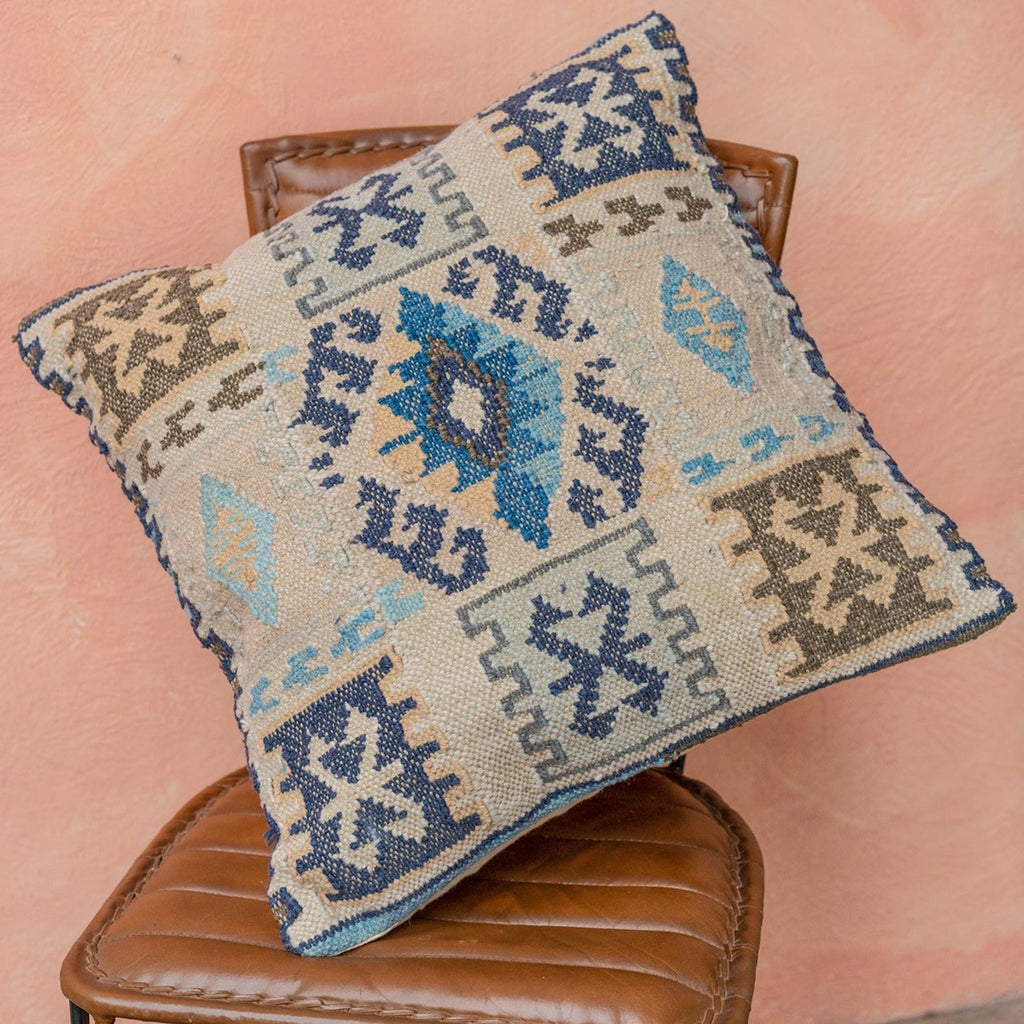 Blue Geometric Handloom Kilim Cushion - CC532 - Uneeka