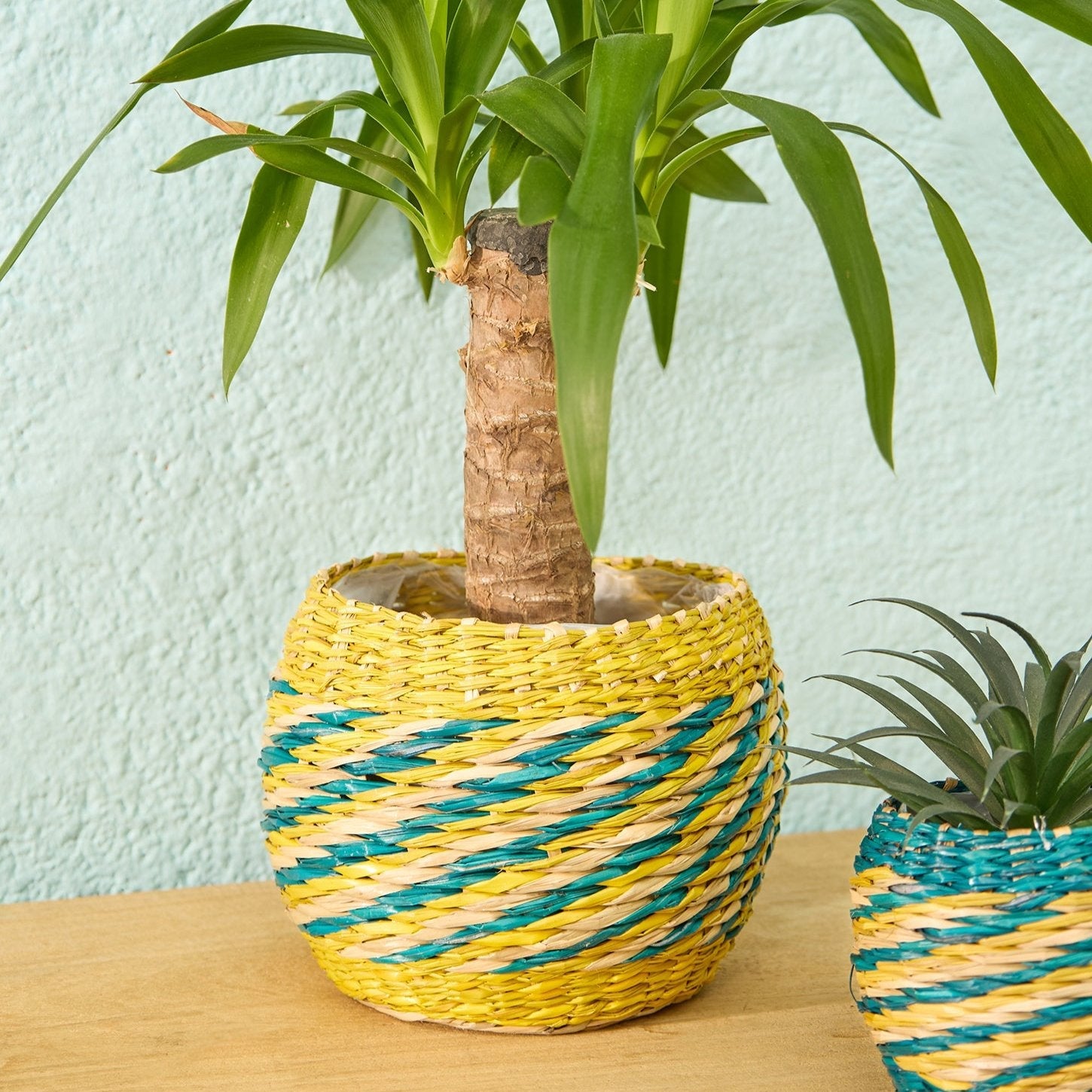 Blue & Yellow Striped Seagrass Planter Basket - BSK75 - LARGE - Uneeka