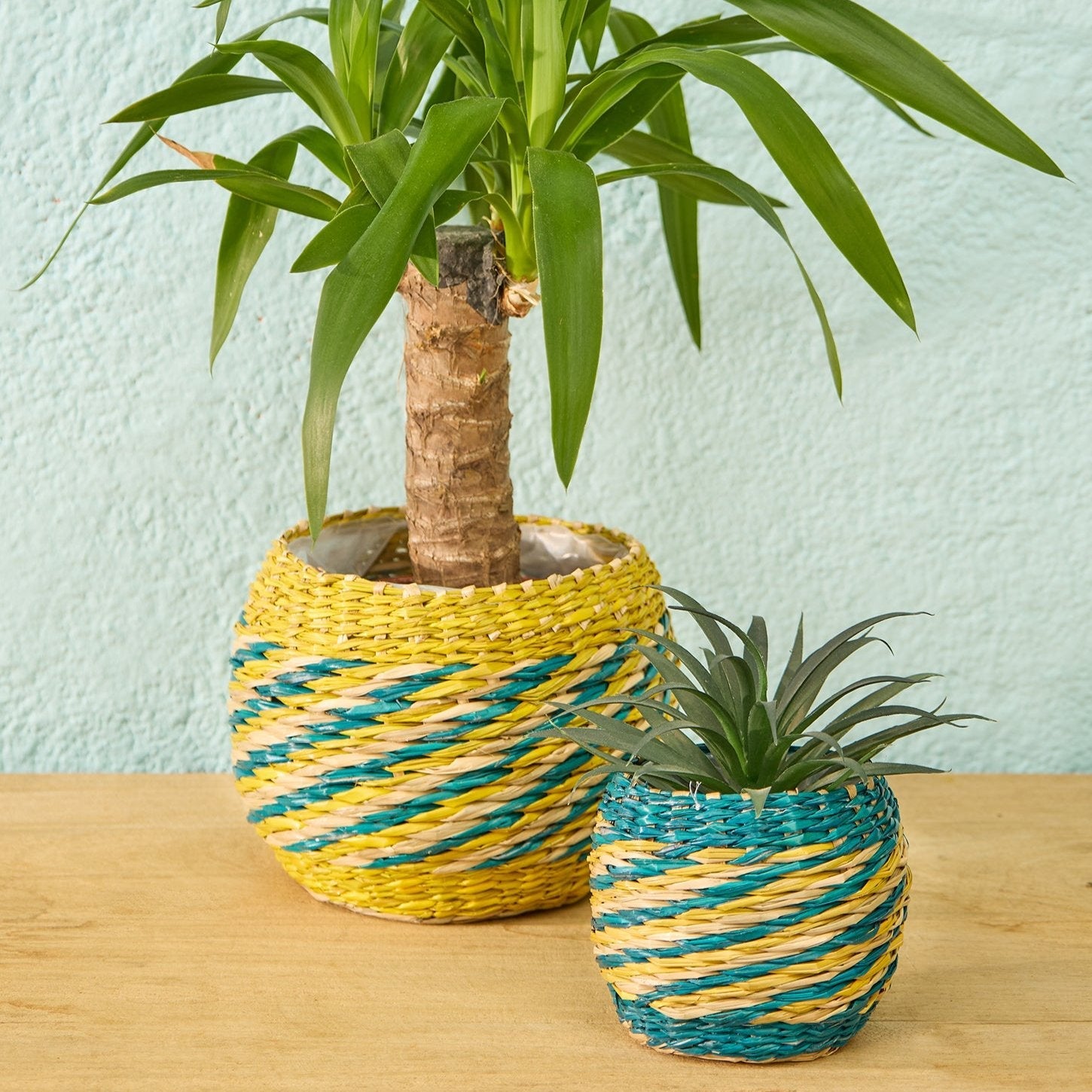 Blue & Yellow Striped Seagrass Planter Basket - BSK75 - SMALL - Uneeka