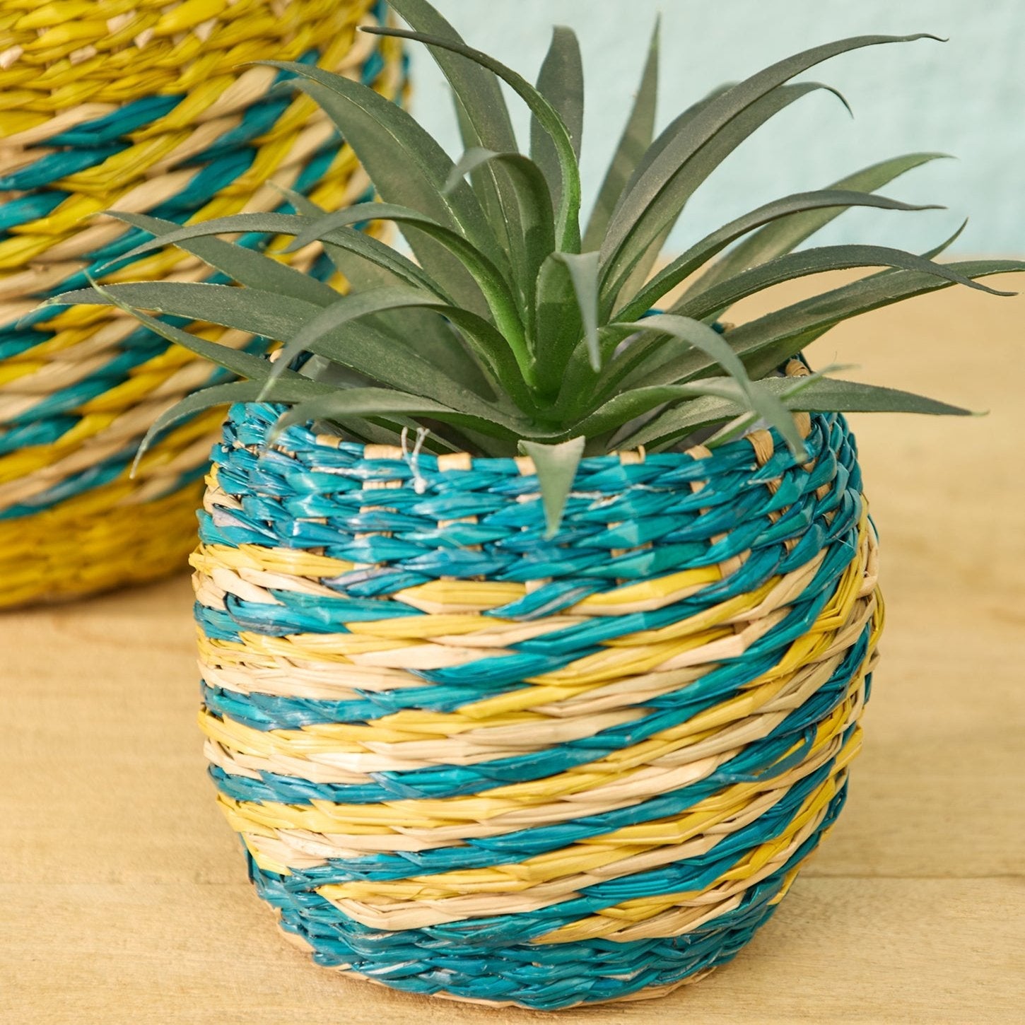 Blue & Yellow Striped Seagrass Planter Basket - BSK75 - SMALL - Uneeka