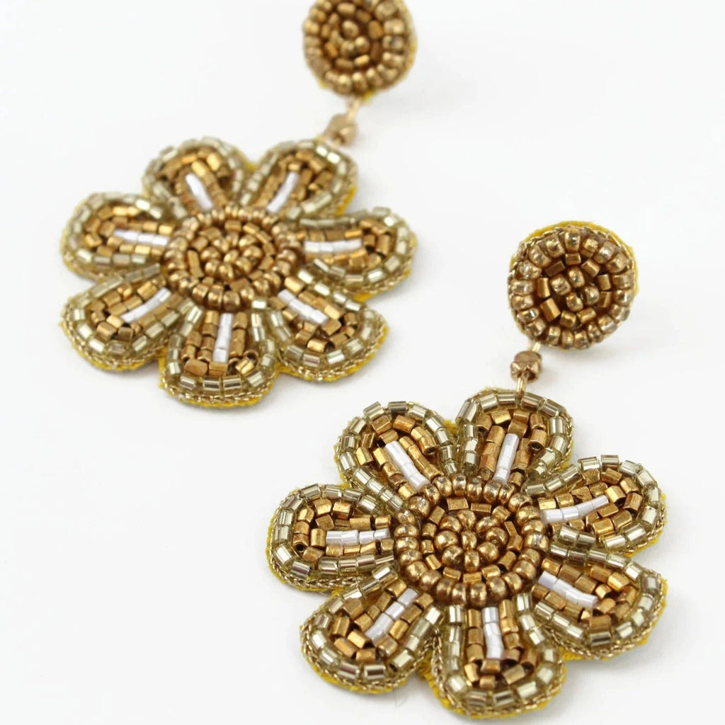 Large Gold Beaded Flower Earrings