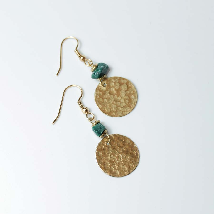 Brass Disc and Green Malachite Chip Earrings - JEMB23 - Uneeka