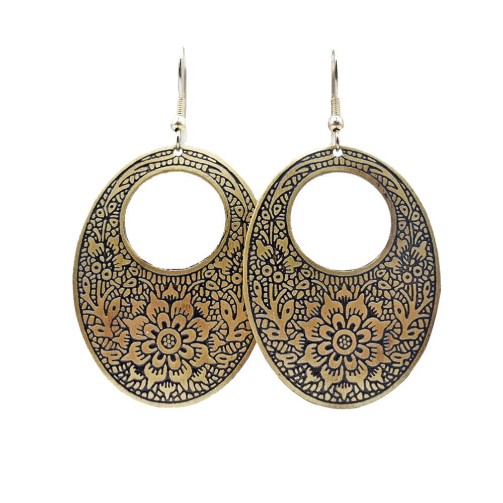 Brass Floral Oval Shape Drop Earrings - TARE2407 - Uneeka