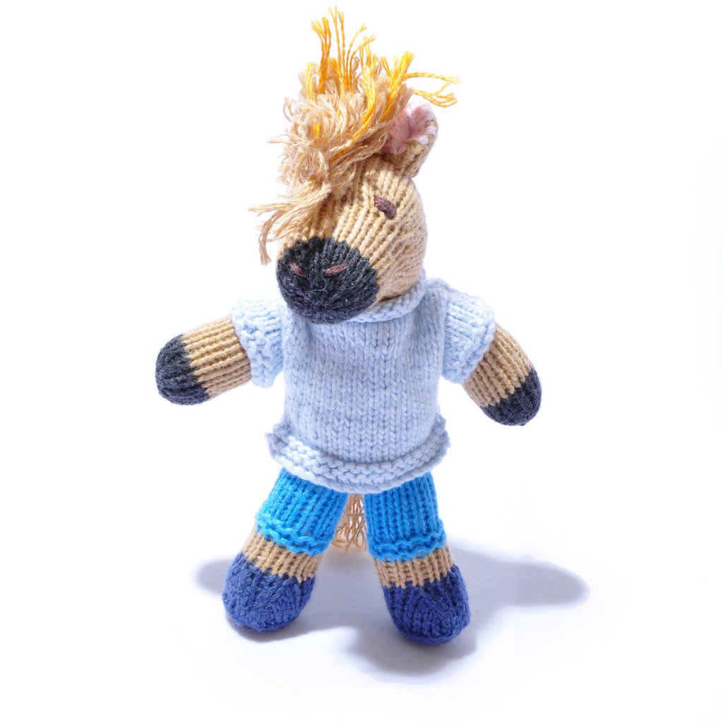 Hand Knitted Brown Horse In Blue Shirt & Shorts Soft Toy