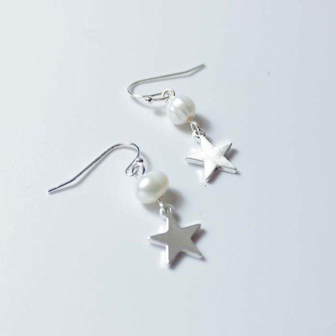 Brushed Star With Natural Pearl Drop Earrings - CE - 19219 - 2 - SL - Uneeka