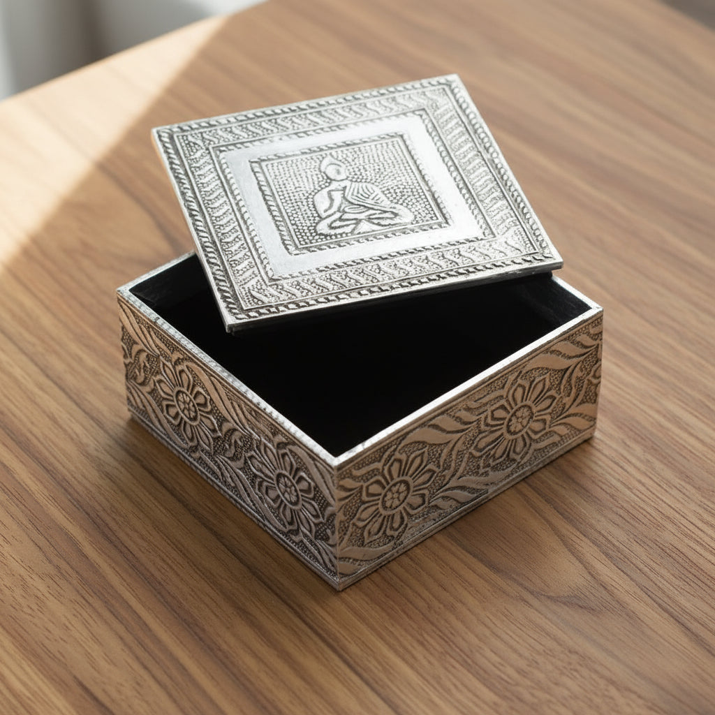 Buddha Embossed Silver Aluminum Trinket Box - BX150 - Uneeka
