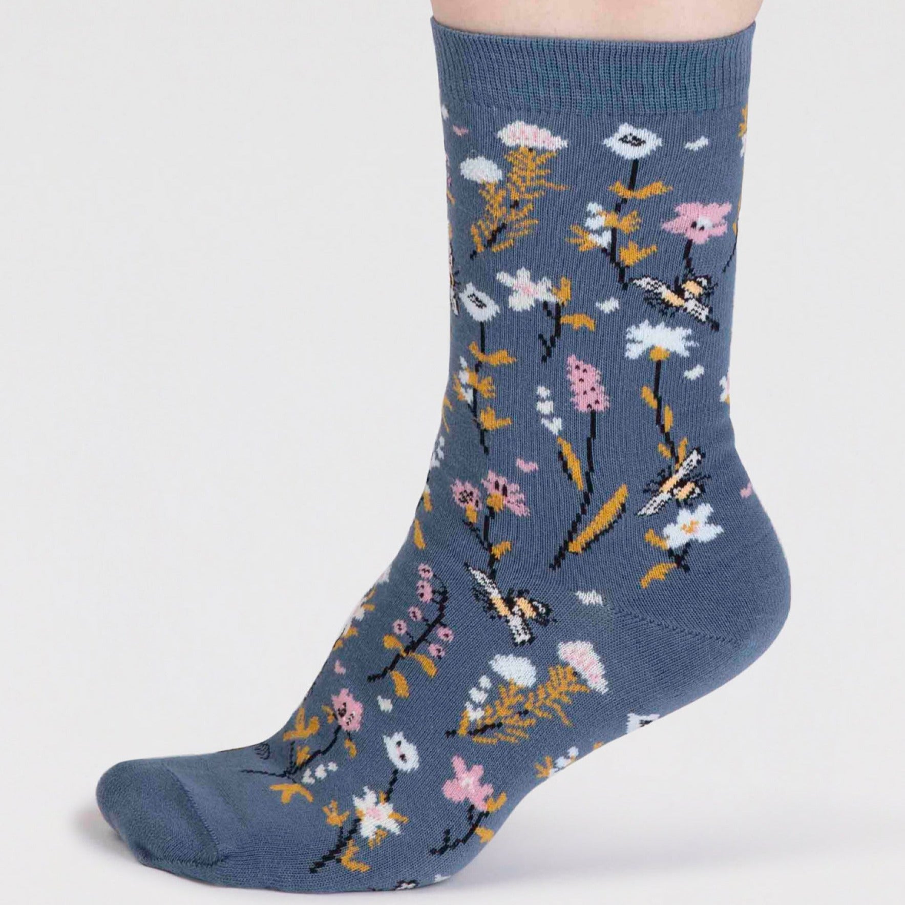 Buzzy Bees & Floral Organic Cotton Socks - SPW832 - MISTYBLUE - Uneeka