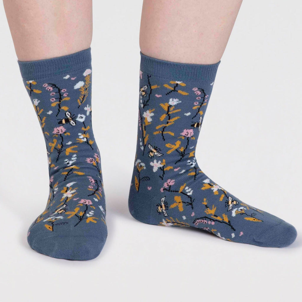 Buzzy Bees & Floral Organic Cotton Socks - SPW832 - MISTYBLUE - Uneeka