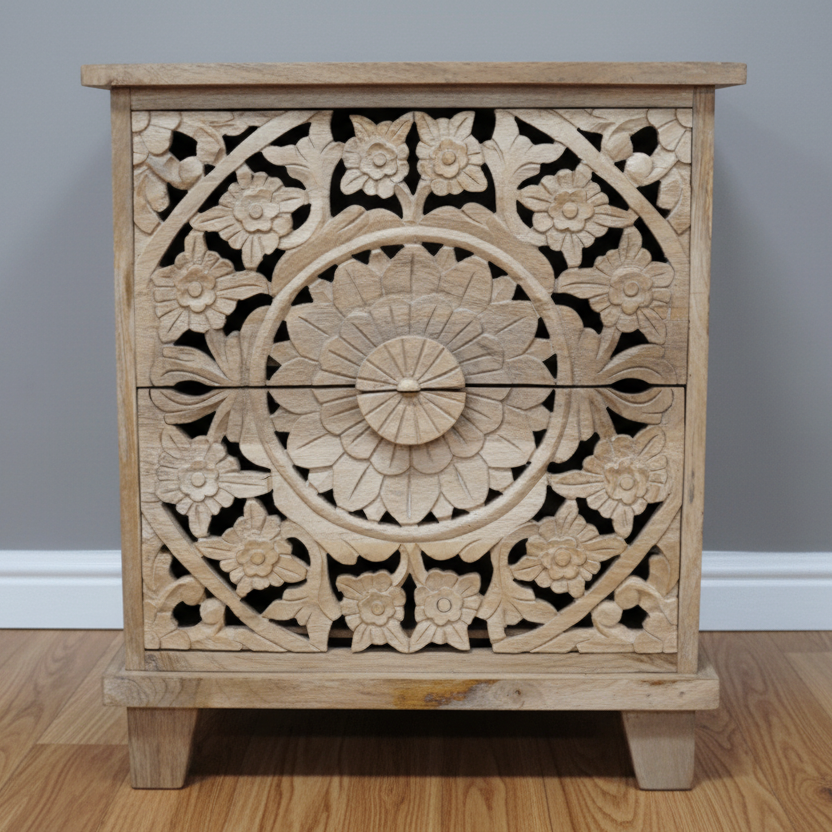 Carved Mango Wood Bedside Table - 9706 - Uneeka