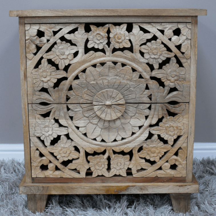 Carved Mango Wood Bedside Table - 9706 - Uneeka