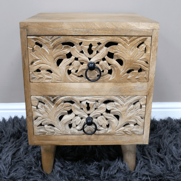 Carved Mango Wood Two Drawer Bedside Table - 10216 - Uneeka