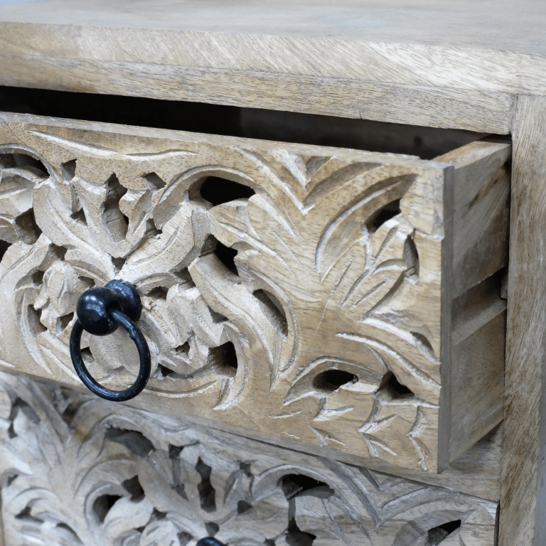 Carved Mango Wood Two Drawer Bedside Table - 10216 - Uneeka