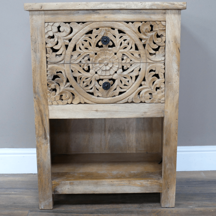 Carved Two Drawer Mango Wood Side Table - 10204 - Uneeka