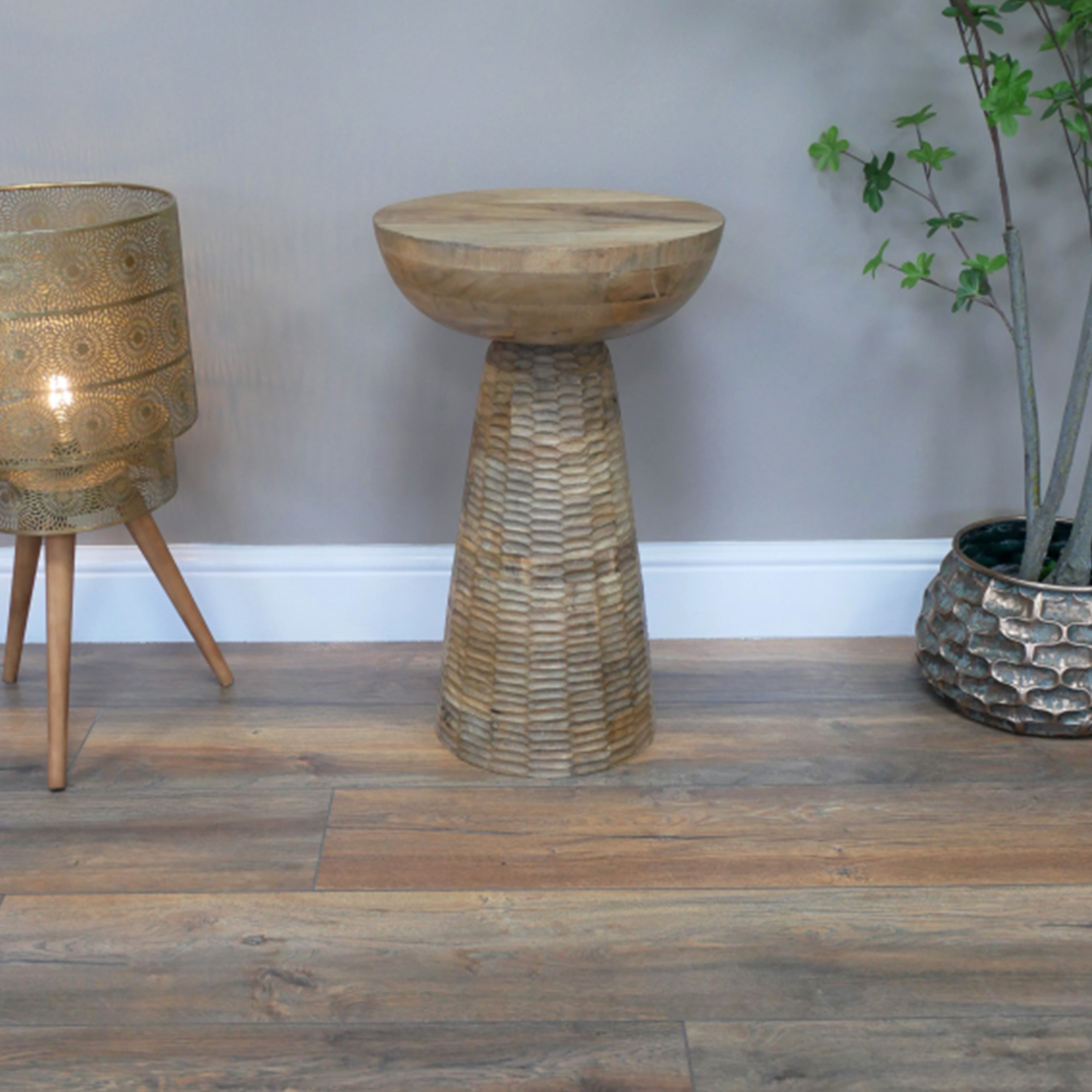 Carved Wooden Round Base Side Table - 8959 - Uneeka