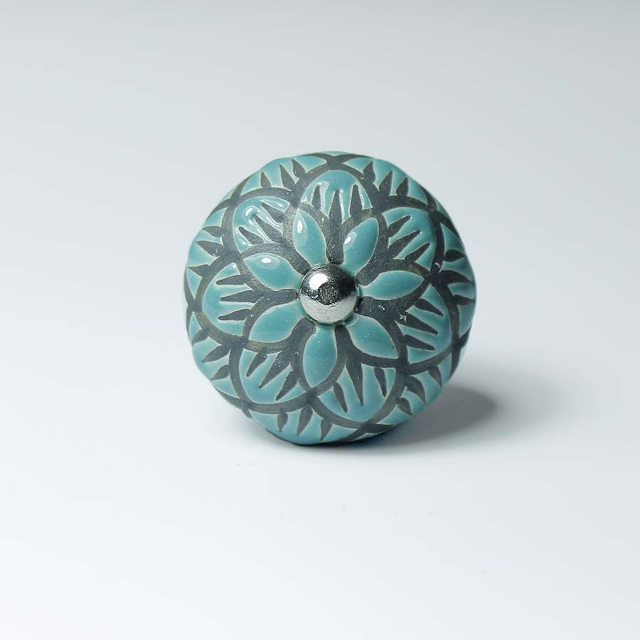 Ceramic Doorknob With Black Flower Detail - DK100 - T - Uneeka