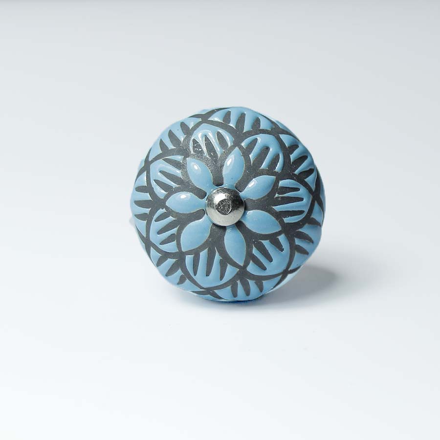 Ceramic Doorknob With Black Flower Detail - DK100 - B - Uneeka